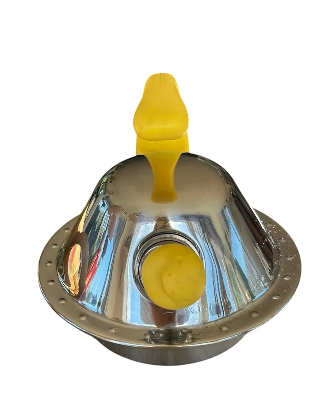 IKEA Stainless Steel Whistling Kettle with Yellow Handle and Spout Tip